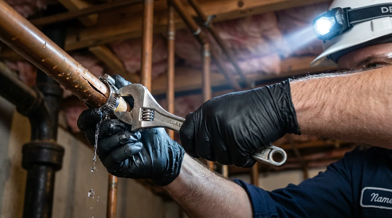 Emergency pipe clamp repair being performed by a Johns Plumbing LLC plumber in Goleta
