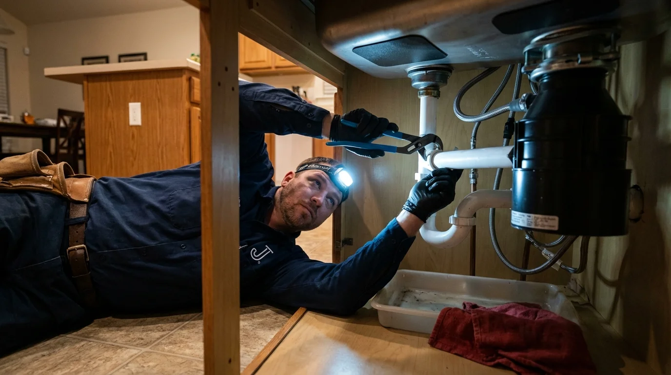 P-trap and supply line connections under a kitchen sink showing a common leak point in Goleta, CA